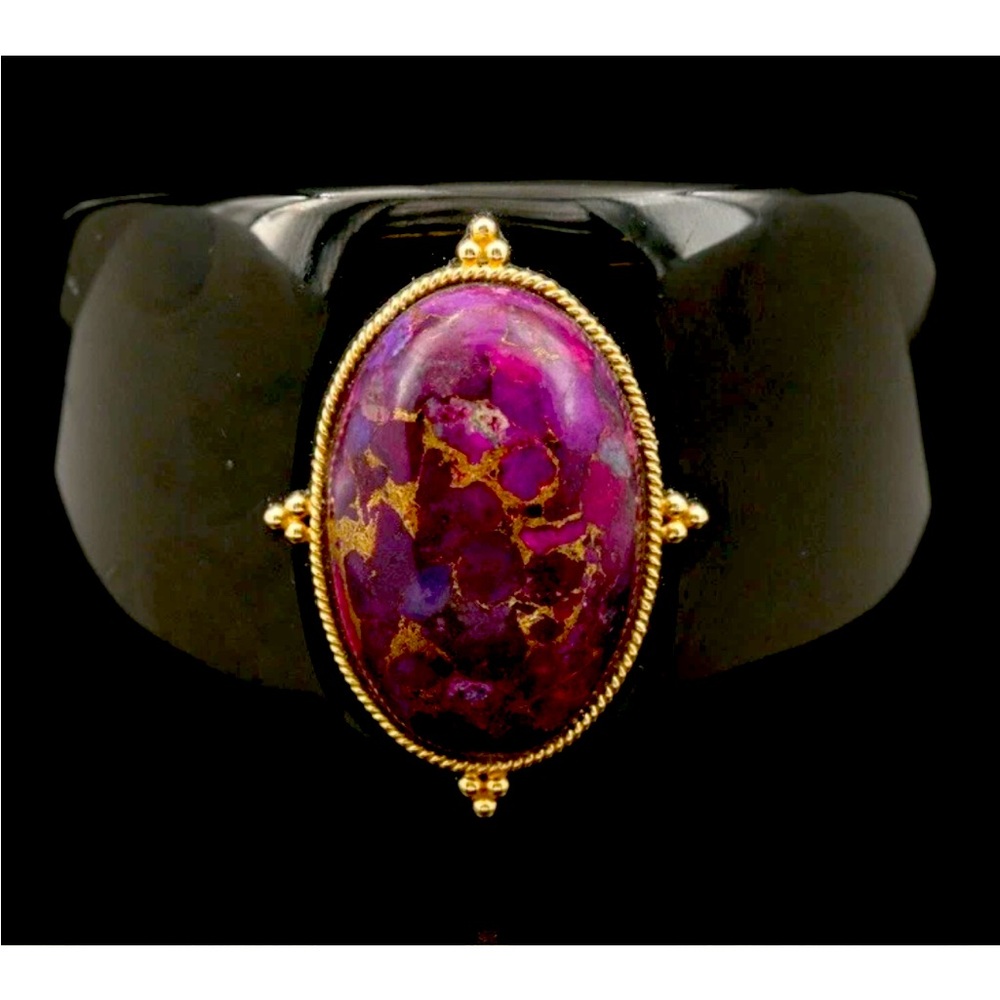 14K Oval Pyritic Sugilite Black Resin Cuff Bracelet 7"